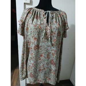 DR2 Sage Green Floral Print Tassel Tie Neck Blouse Top 3X